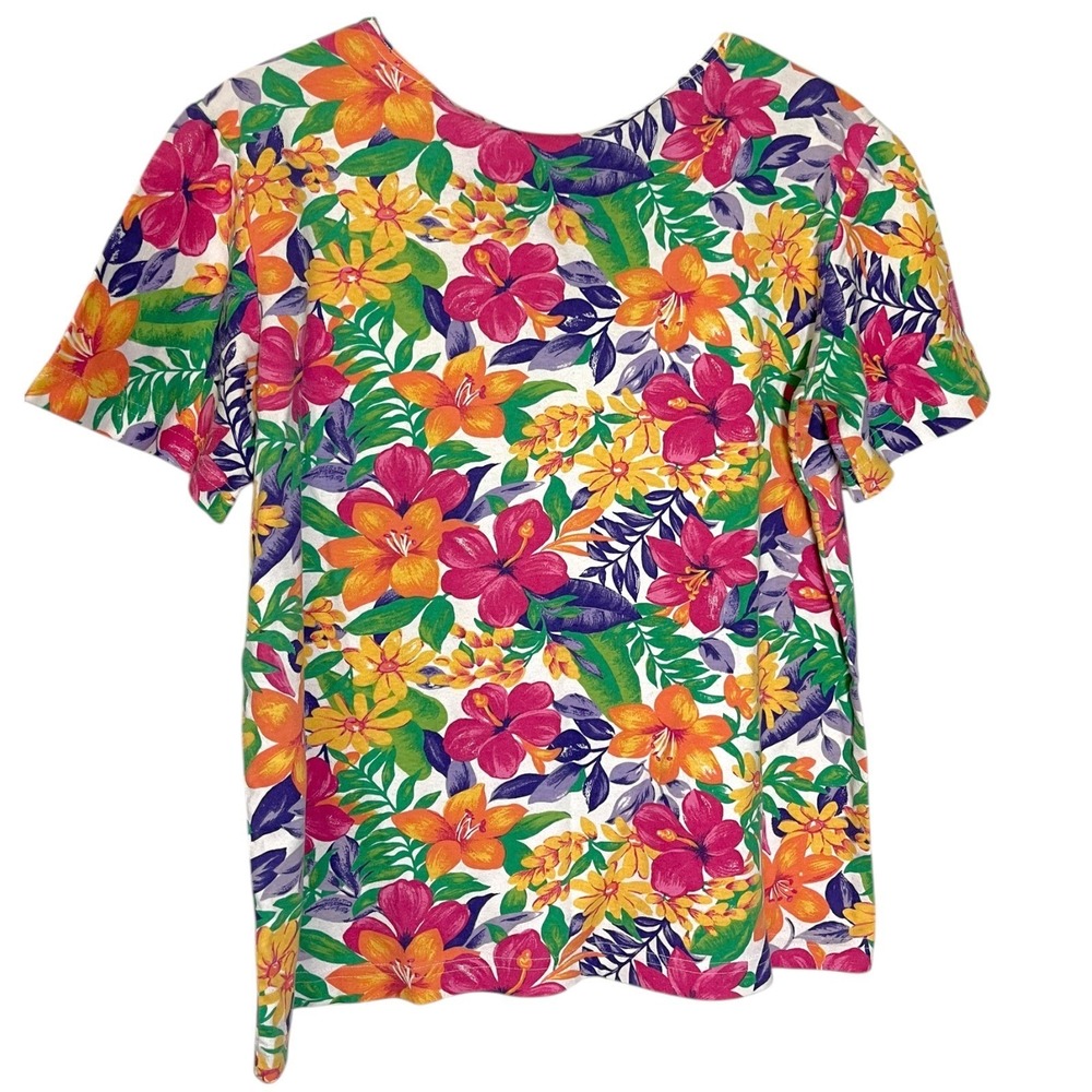 Jaclyn Smith Sport Medium Multi Floral Short Sleeve Top Tropical Summer Retro